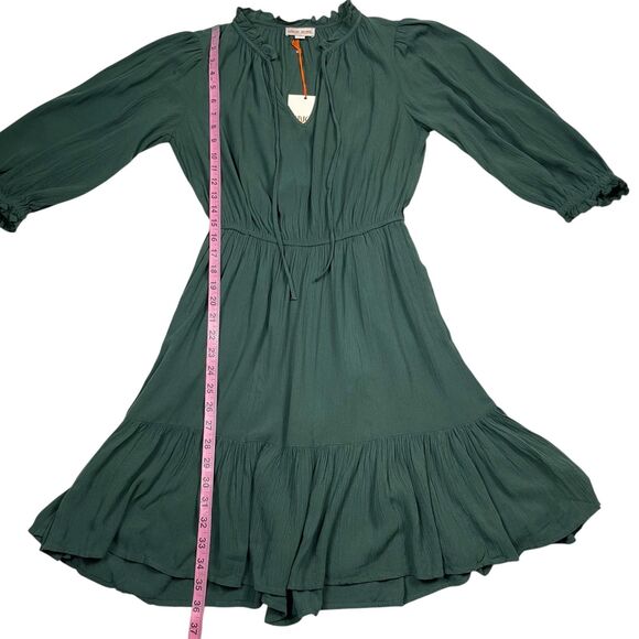 Knox Rose Women's Dress XS Green Tie Neck Tiered 3/4 Sleeve Boho Knee Length - Picture 9 of 11